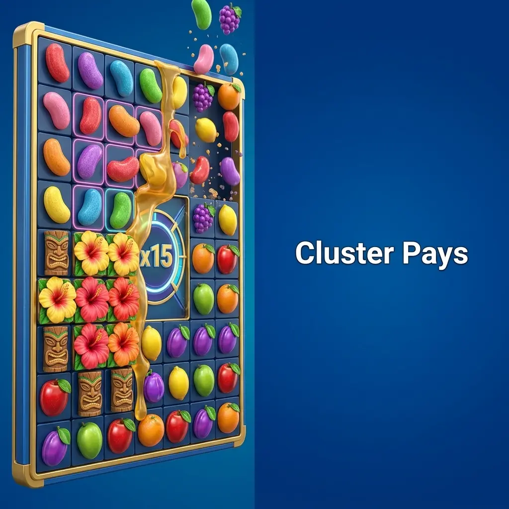 Símbolos agrupados en cuadrícula de slot Cluster Pays con mecánica de cascada y multiplicadores en AdmiralBet