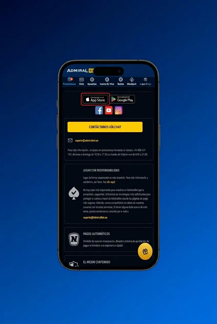 App de AdmiralBet para iOS en iPhone y iPad con requisitos mínimos iOS 12.0 y compatibilidad confirmada