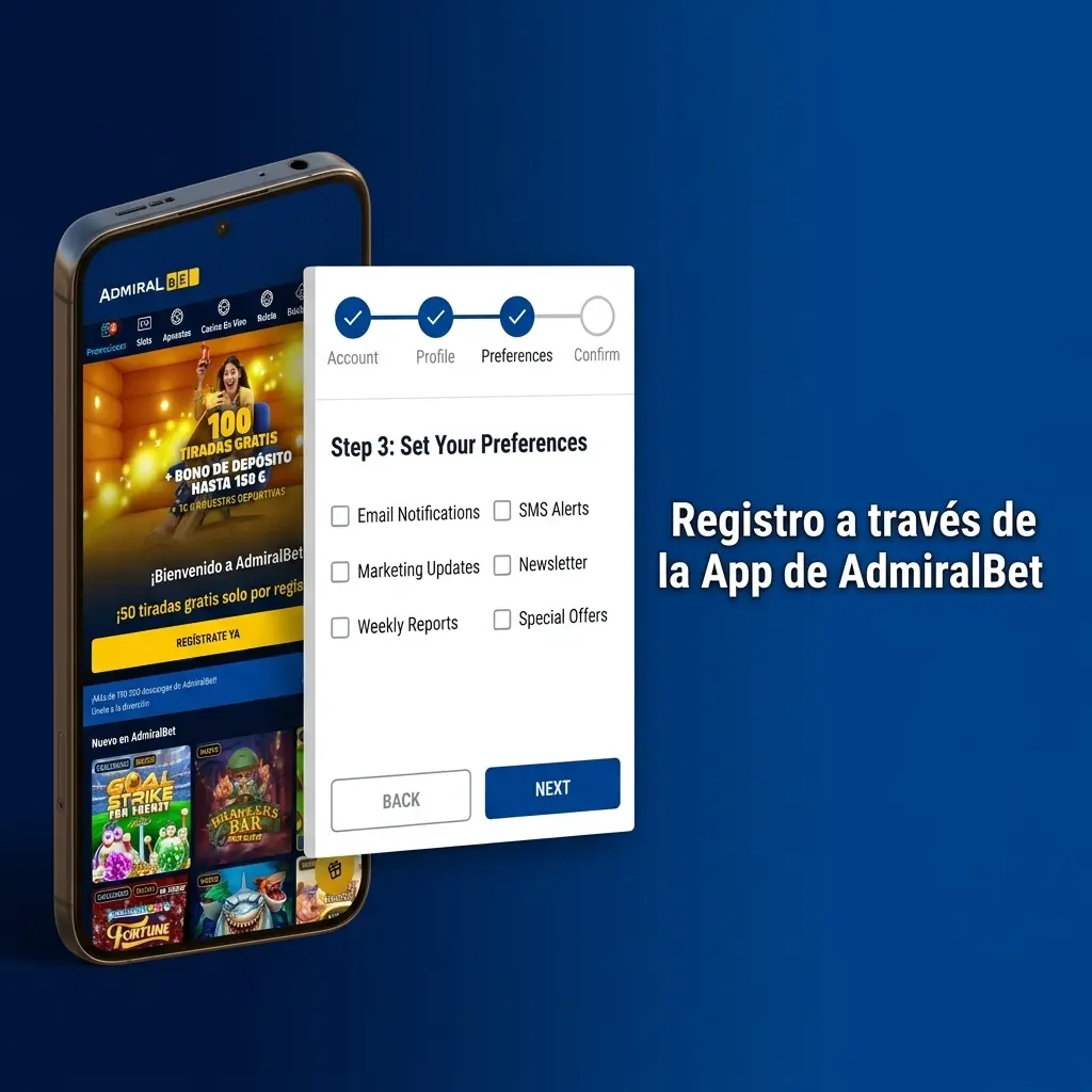 Proceso de registro en la app AdmiralBet España con formulario de correo electrónico y verificación de identidad DGOJ