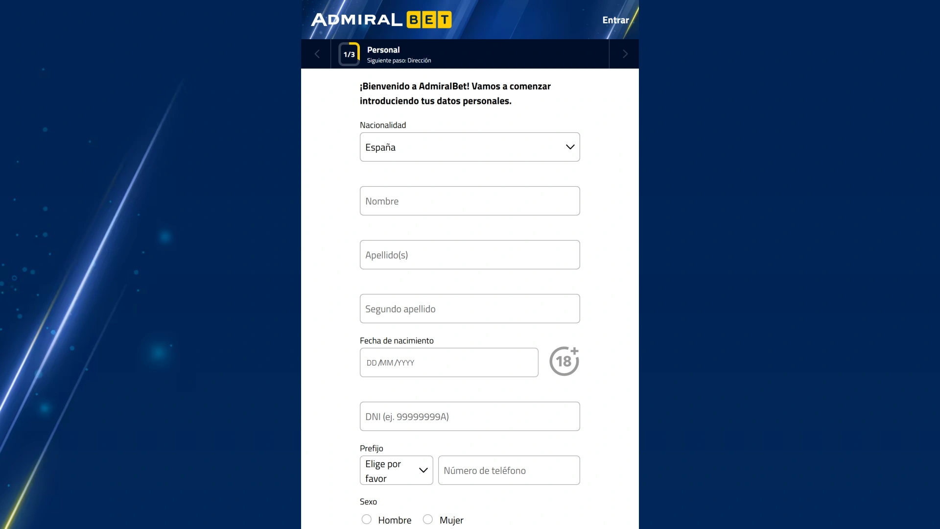 Regístrate rápidamente en AdmiralBet.